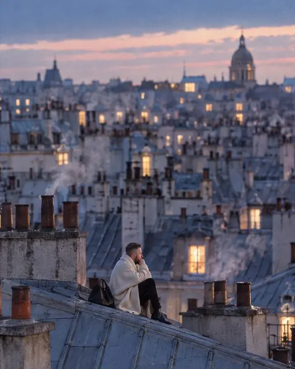 Wide shot of a small figure among a sea of Paris zinc rooftops and chimney pots in pastel blue light