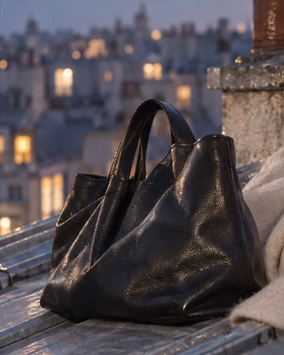 A slouchy black leather tote resting on a grey zinc roof, softened by a gentle blue-hour glow